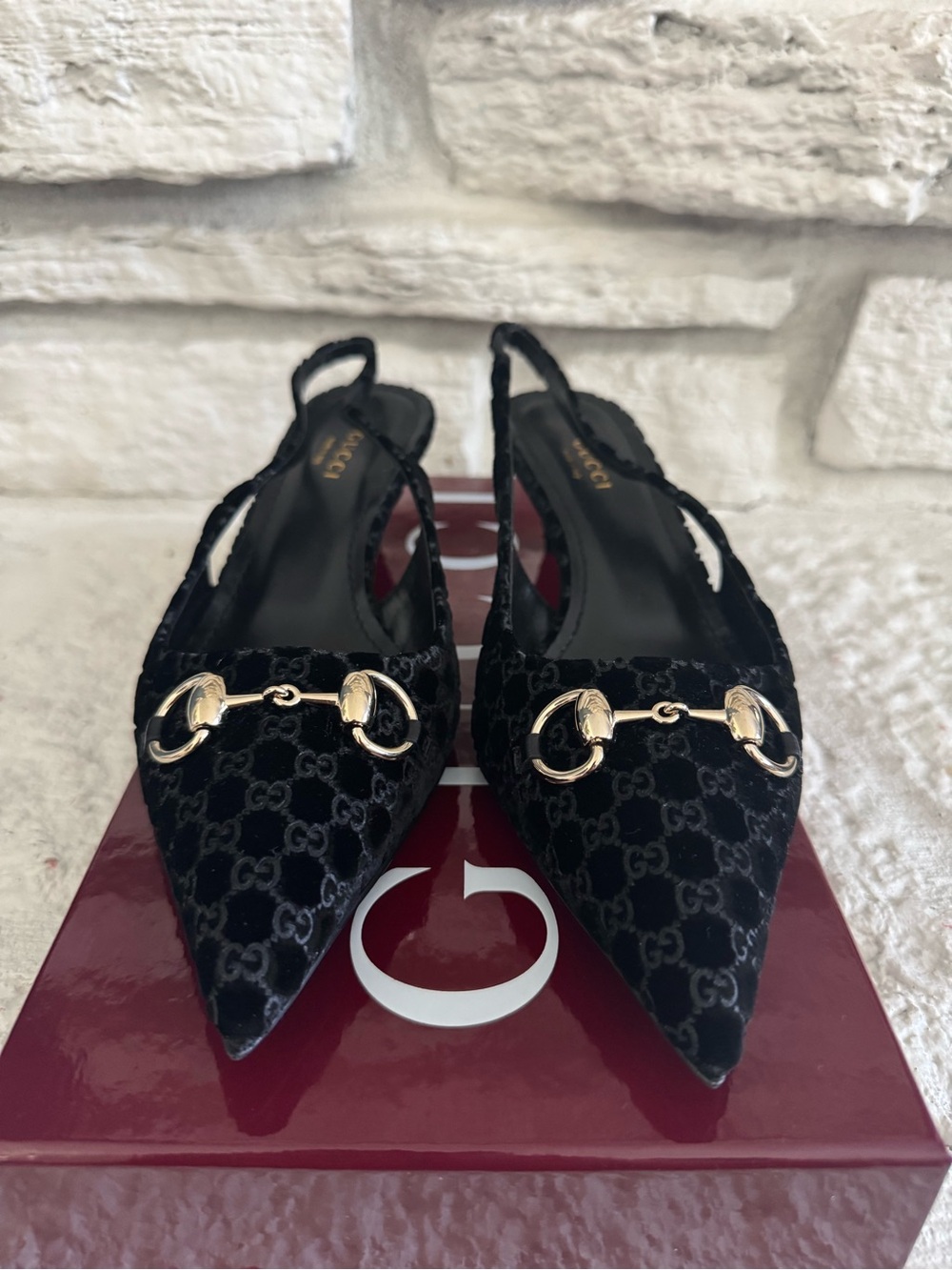Gucci Black GG Velvet Horsebit Slingback Mules